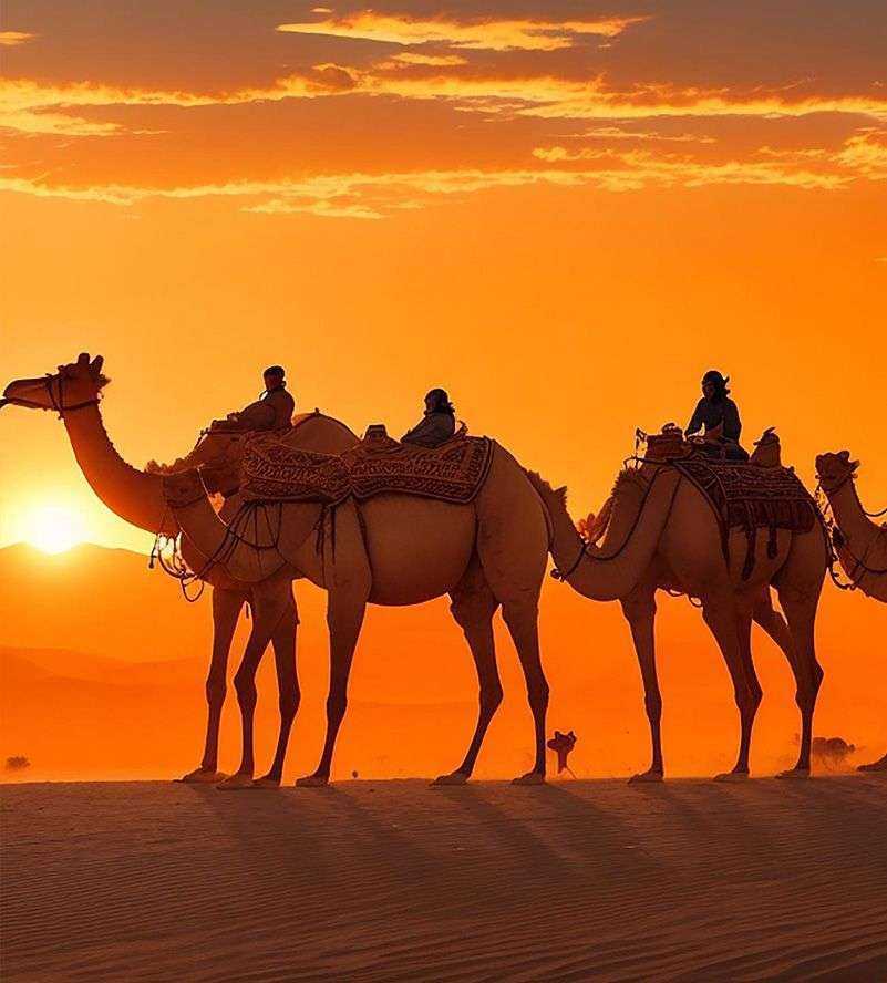 A herd of camels trekking through the desert against a picturesque sunset backdrop Ras Al Khaimah