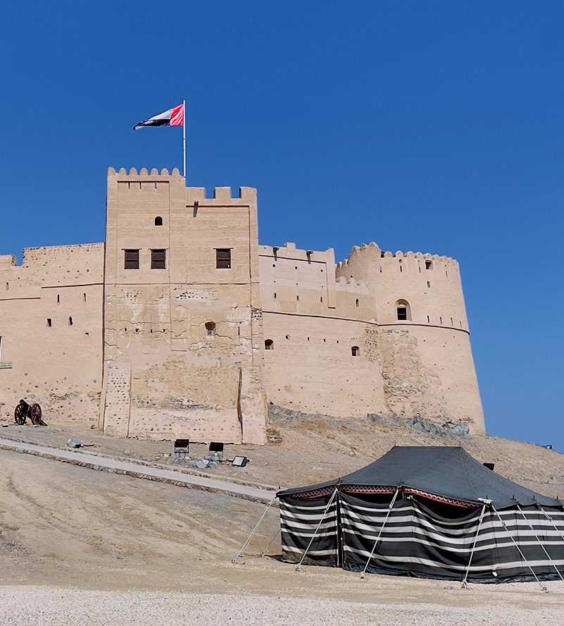 A majestic castle surrounded by palm trees, with a flag proudly waving atop its towers Fujairah Fort-