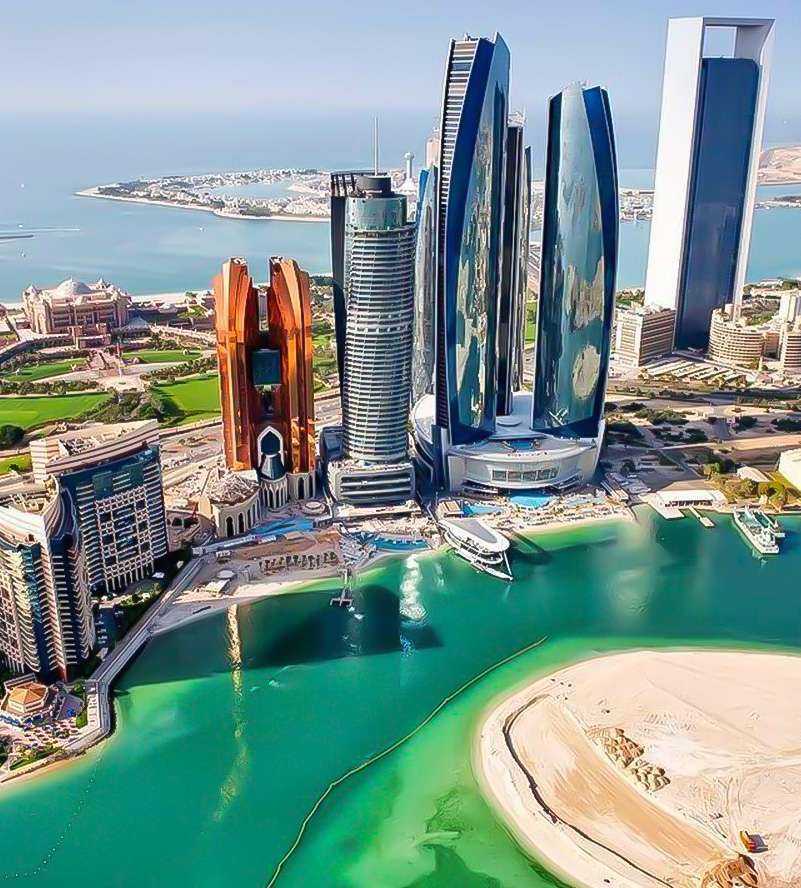 A repetitive image of Abu Dhabi, featuring the city's name repeated multiple times in a vibrant and dynamic composition