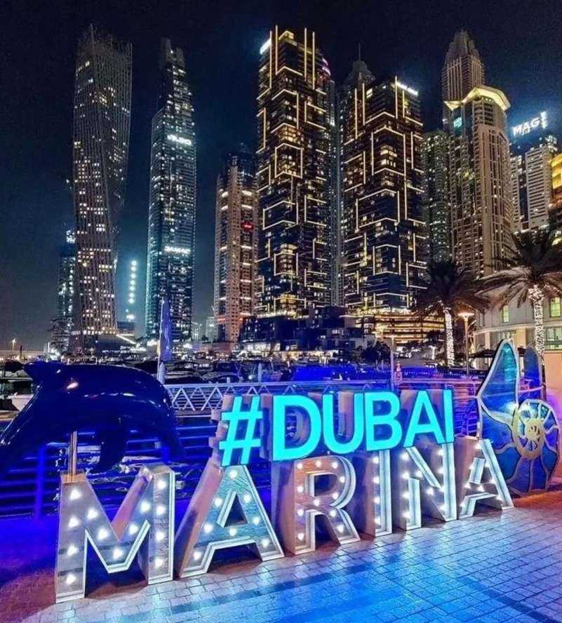 A stunning view of Dubai Marina with tall skyscrapers and boats on the water