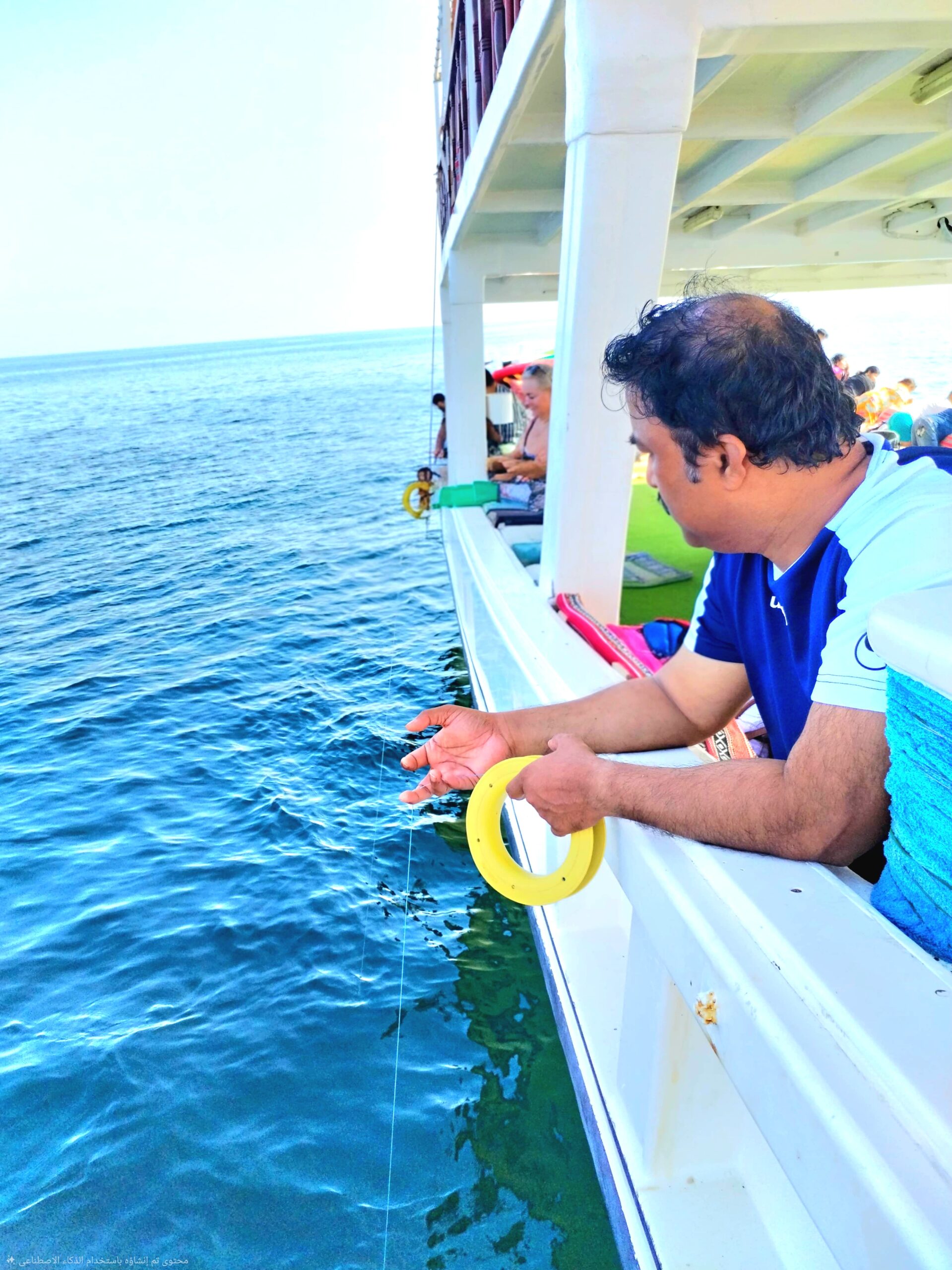 „Traditional fishing from a boat at sea. The man is holding a fishing line in his hands, wearing a blue shirt, and using a yellow ring.“