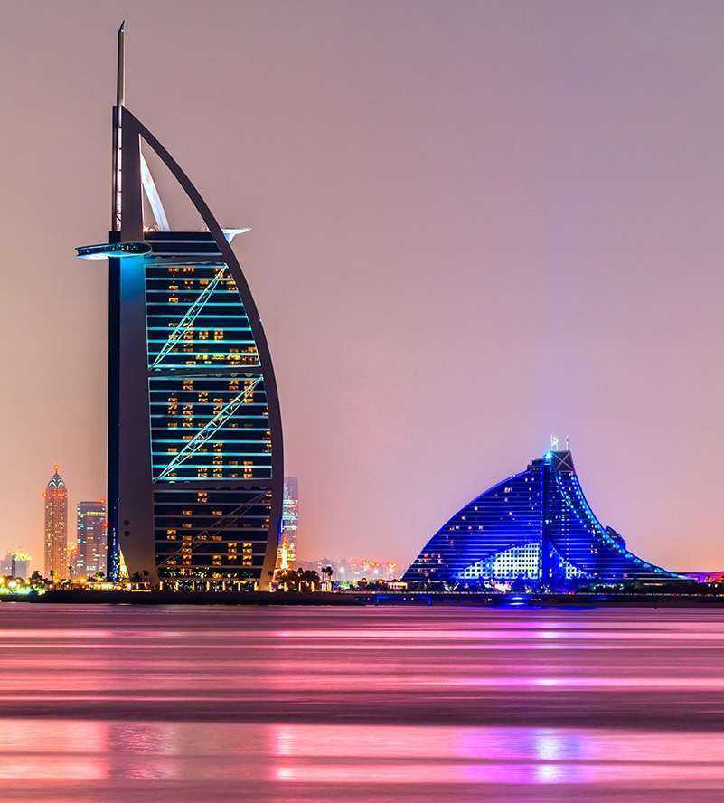 Iconic Burj Al Arab hotel in Dubai, showcasing its distinctive sail-shaped architecture