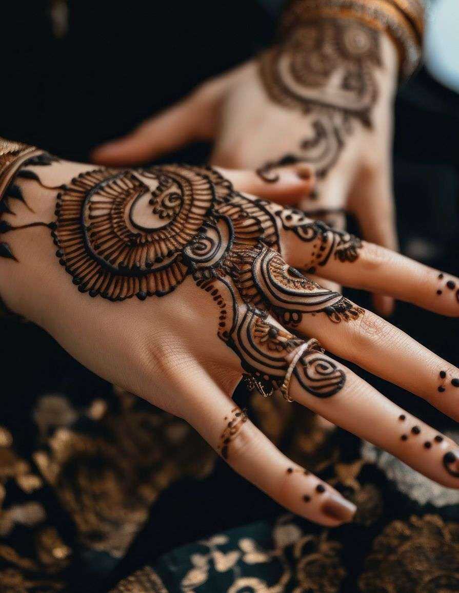 Woman with intricate henna designs on her hands Ras Al Khaimah