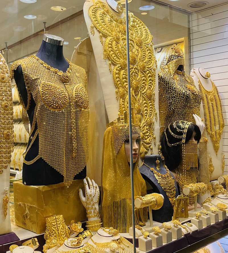 collection of exquisite gold jewelry showcased in a store-Dubai market