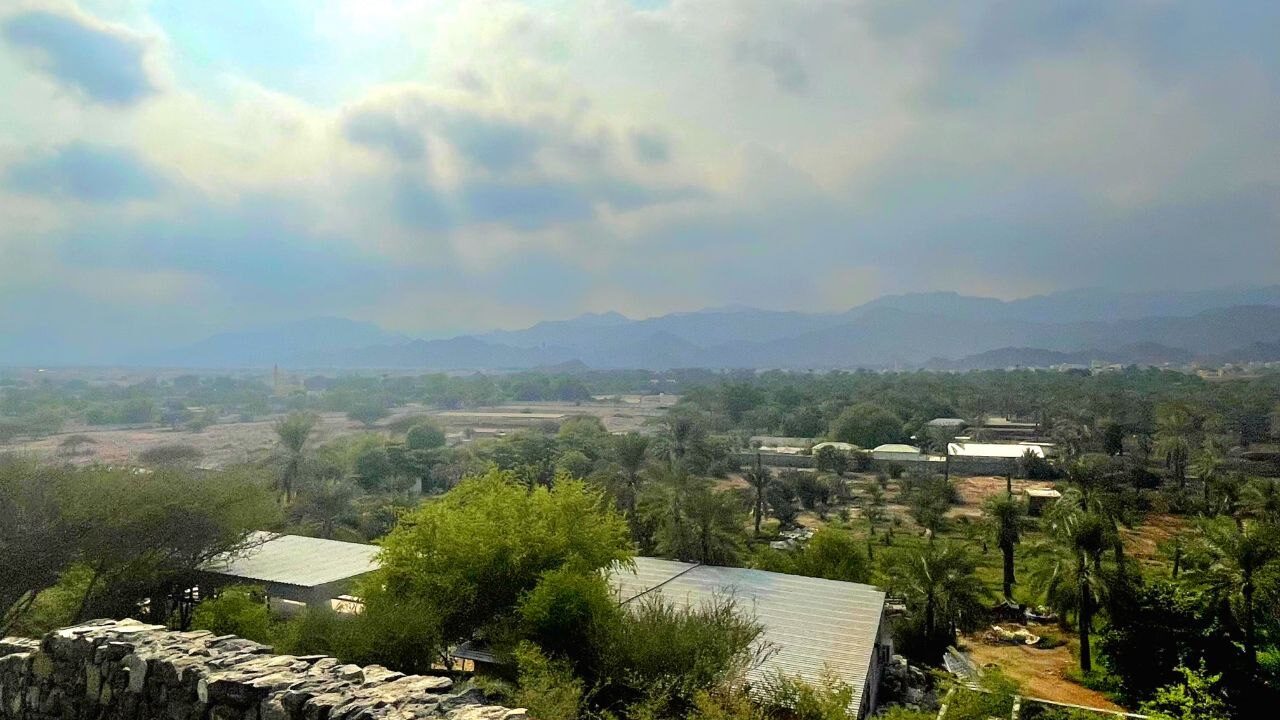 Dattelpalmen-Farmen zwischen den Hadschar-Bergen und Grundwasserquellen, gesehen vom Wachturm im Dorf Al Badiyah, Fujairah – authentisches Kulturerlebnis und beliebtes Touristenziel in den VAE.