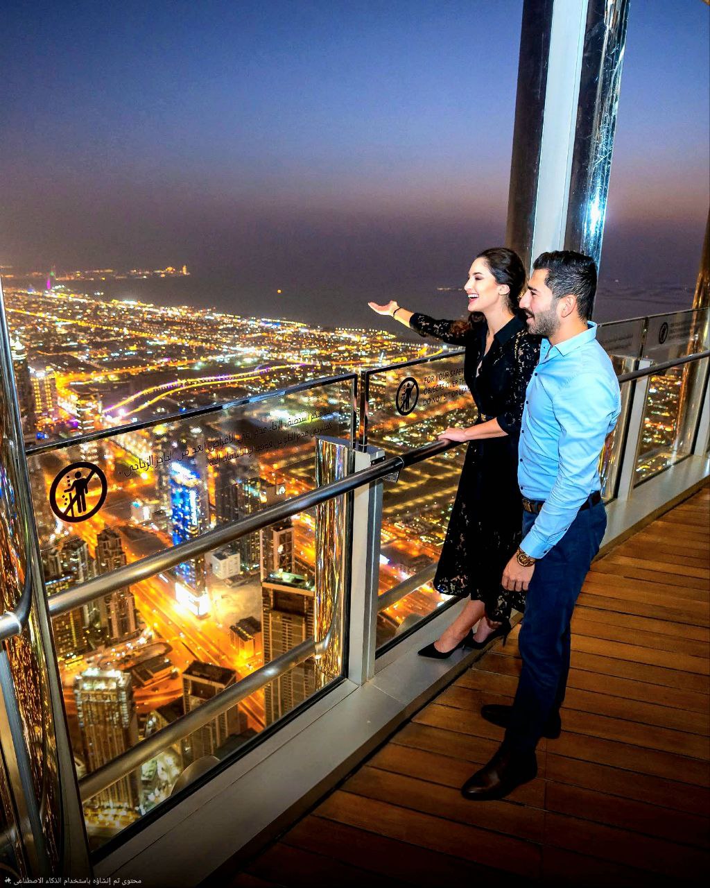 Ein nächtlicher Panoramablick auf Dubai von der Aussichtsplattform ‚At The Top‘ im Burj Khalifa
